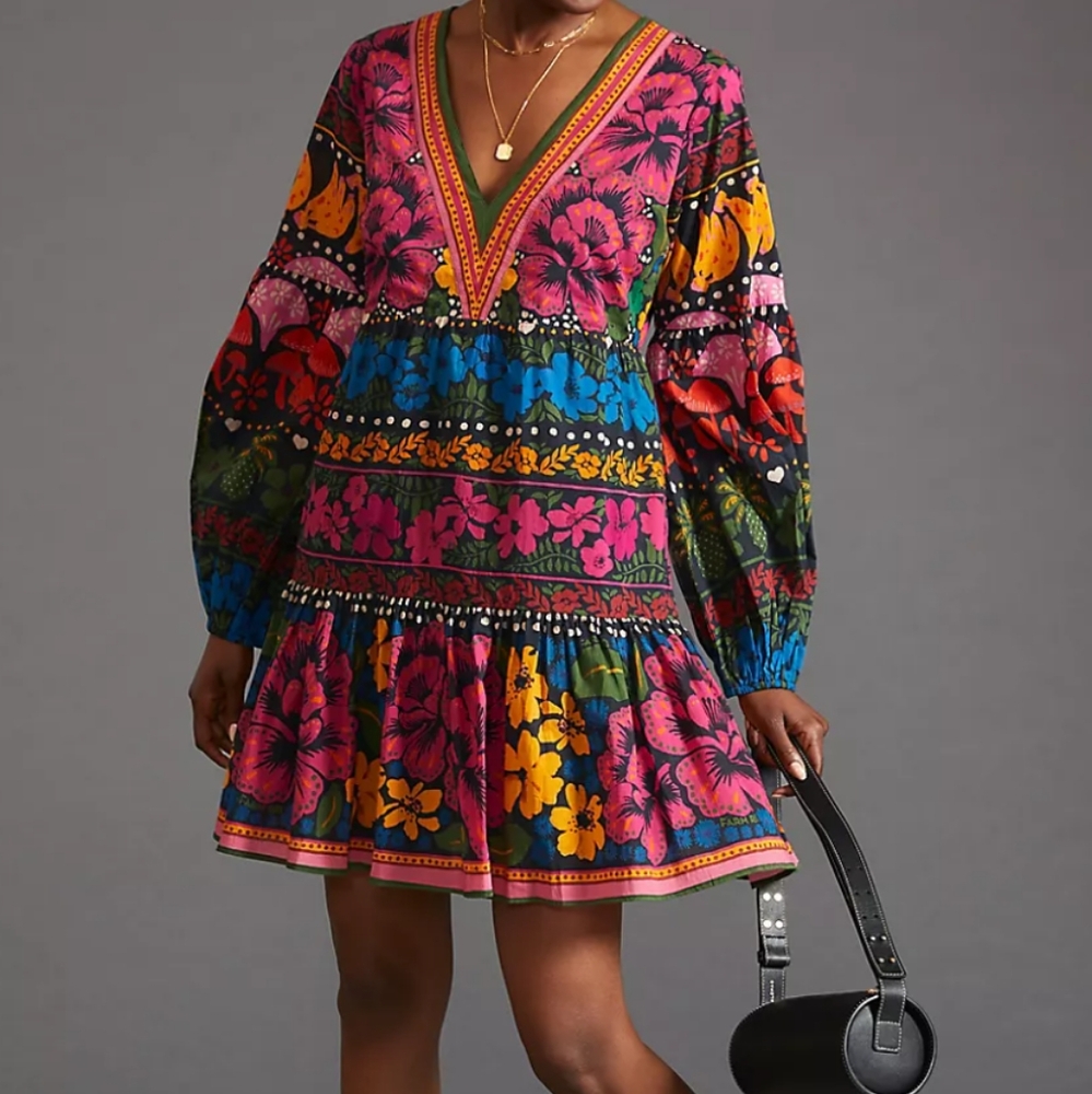 Farm x Anthropologie V-Neck Puff-Sleeve Mini Dress. NEVER WORN -NEW! Size L - Picture 3 of 7